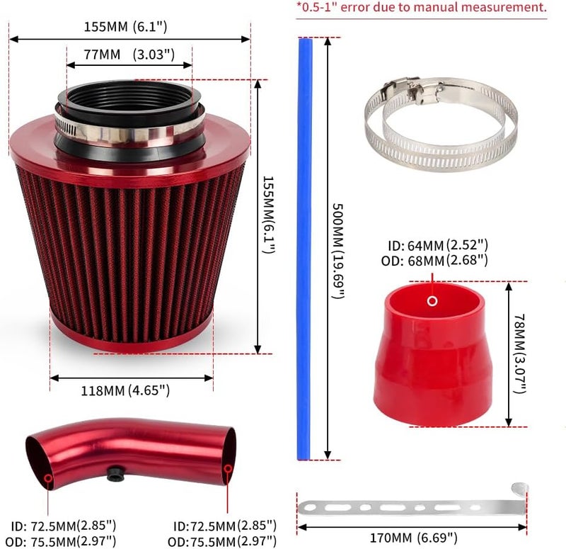 BARTOO 3'' Cold Air Intake Kit Aluminum Automotive Cold Air Intake Pipe Filter Induction Flow Hose Pipe Kit, Red - Image 3